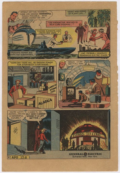 Eine Comic-Seite mit einem Mann in einem blauen Anzug mit weißem Hemd und roter Krawatte und einer Frau in einem weißen Kleid mit blauer Schürze und Schawl, vor einem hellblauen Himmel mit weißen Wolken.