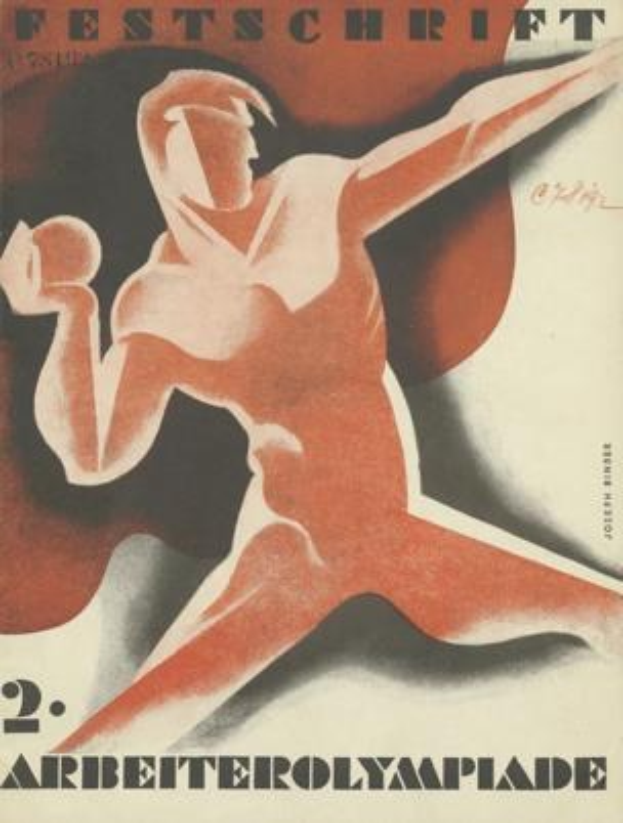 Plakat für die Olympischen Sommerspiele 1932 in Berlin mit einer Person in einem leuchtend gelben Overall mit entschlossener Miene, umgeben von schwarzem Text, einschließlich "Festschrift."