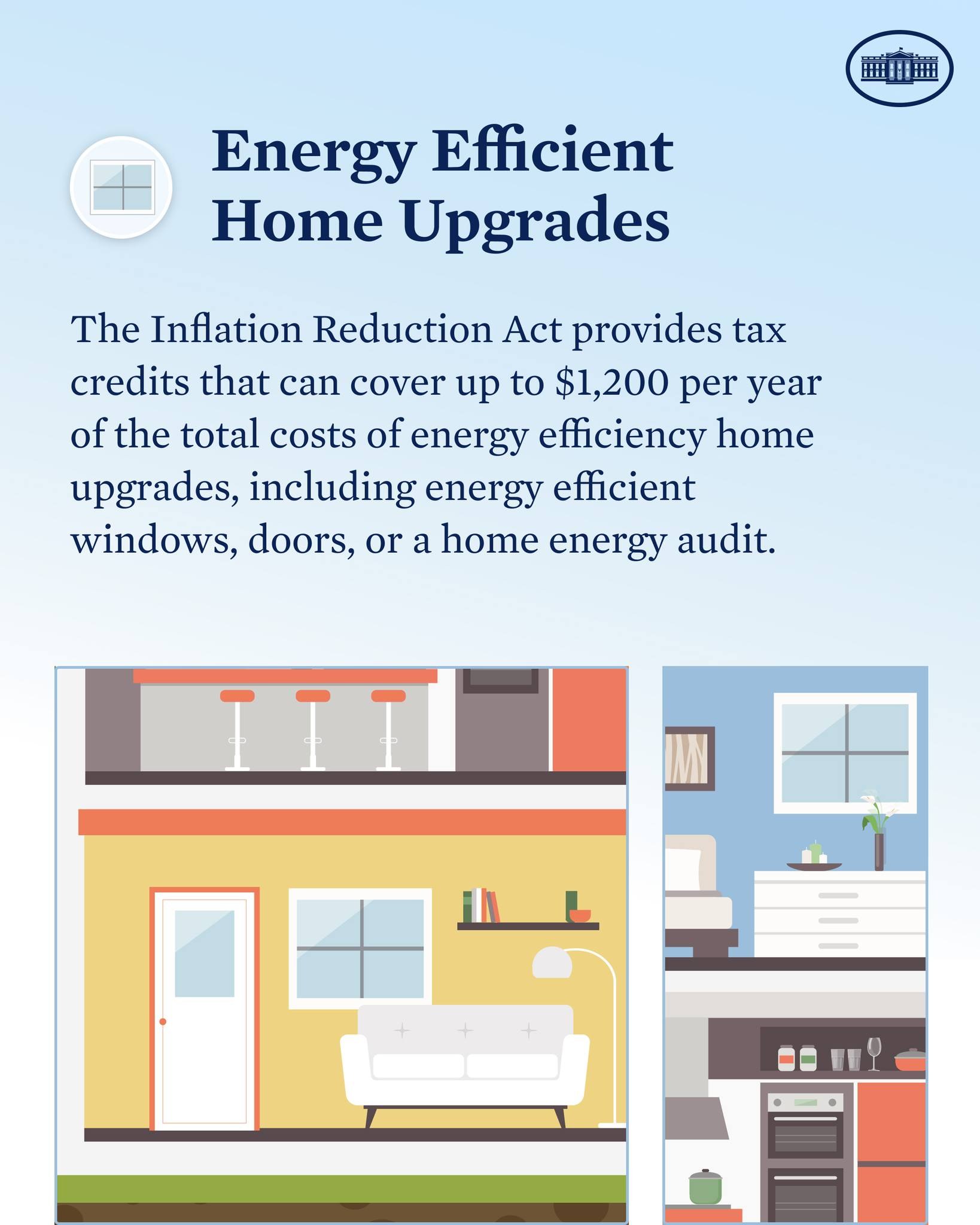 Plakat mit dem Titel "Energieeffiziente Heimverbesserungen" auflistet Steuergutschriften für energieeffiziente Heimverbesserungen wie Fenster, Türen und Audits, mit Bildern eines Hauses, einer Couch, einer Lampe, eines Schranks und einer Vase.