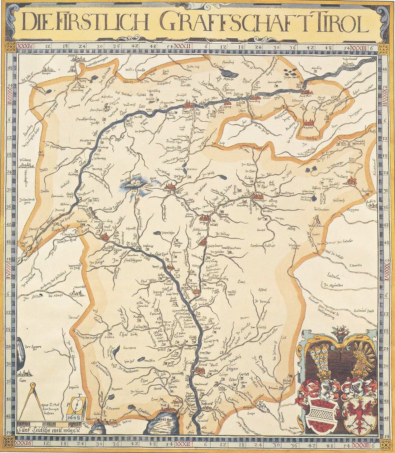 Ausführliches historisches Plakat der ersten Grafschaft Tirol-Karte, zeigt geografische Merkmale wie Flüsse, Berge und Städte, mit begleitendem Text.