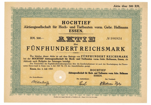 Ein altes deutsches Aktienzertifikat mit grünem Rand und gedrucktem Text.