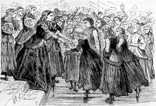 Schwarz-weiß-Zeichnung von Frauen, die vor einem Publikum tanzen, mit einer Treppe links und dem Text "Victorian Women's Day" unten.