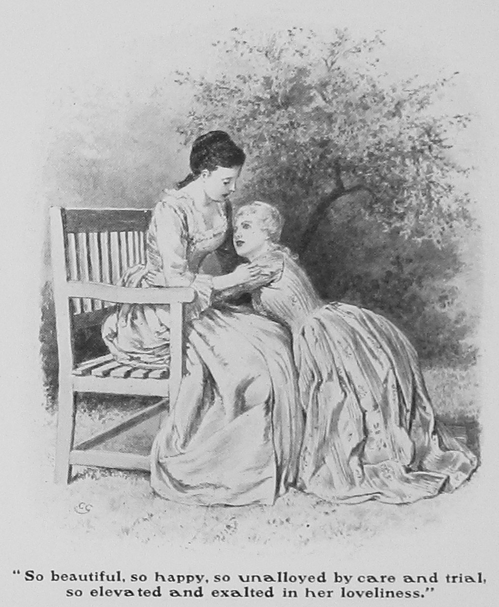 Eine Frau und ein Kind sitzen auf einer Bank unter einem Baum, mit Text unten.