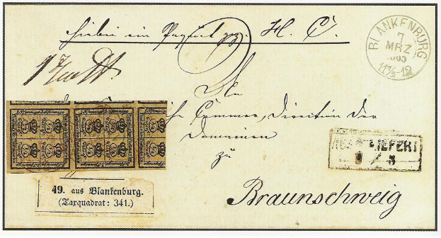 Alte deutsche Postkarte mit einem Datumsstempel von 1772–1839, auf der "Braunschweig" und "1" steht, in sehr gutem Zustand.