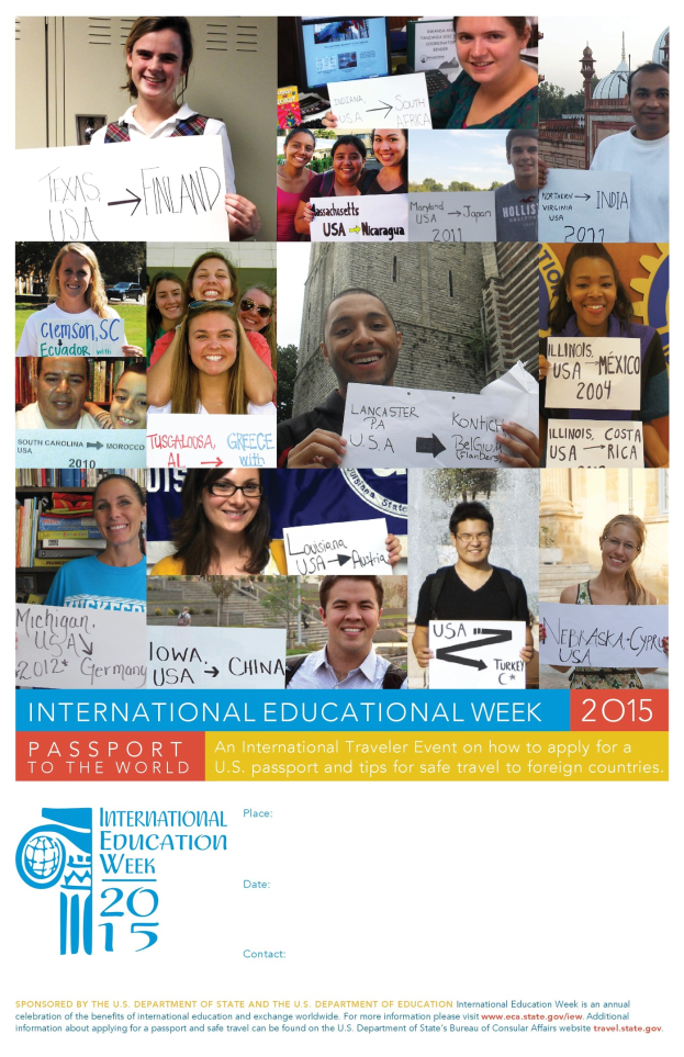 Internationaler Bildungswoche 2015 Plakat mit einer Gruppe von Menschen, die lächeln und Schilder halten, mit Ereignisinformationstext.