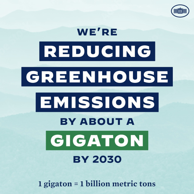 Plakat mit Text und Logo, das "Wir reduzieren die Treibhausgasemissionen bis 2030 um etwa eine Gigatonne" fordert und für eine signifikante Reduzierung der Treibhausgasemissionen bis 2030 wirbt.