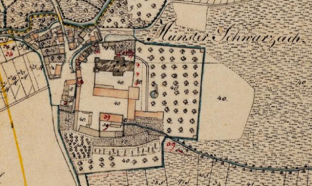 Ein detaillierter alter Stadtplan von München, Deutschland, mit Schwarzach in der Mitte, der Straßen, Gebäude und textuelle Informationen über die Größe, den Standort und die Geschichte der Stadt zeigt.