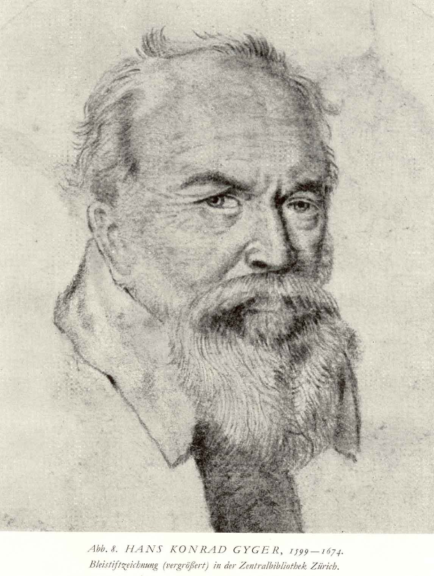 Ein Schwarz-Wei├č-Zeichnung von Hans Konrad Gyger, einem deutschen Philosophen mit einem langen Bart, mit Text unten auf dem Bild.