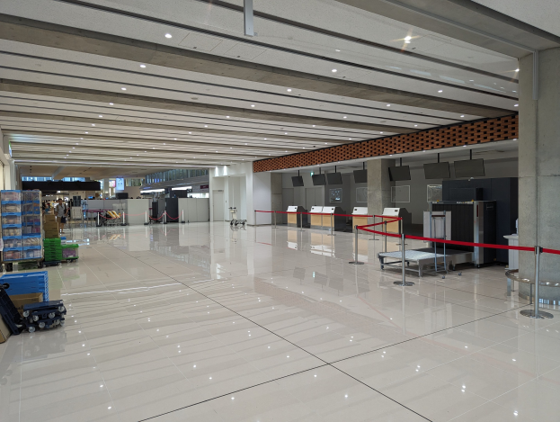 Großes Flughafen-Terminal mit verstreuter Gepäckstücke, Gepäckwagen, Kartons, Absperrpoller mit Bändern, Säulen, wandmontierten Fernsehern und Deckenleuchten, wahrscheinlich im Check-in-Bereich.