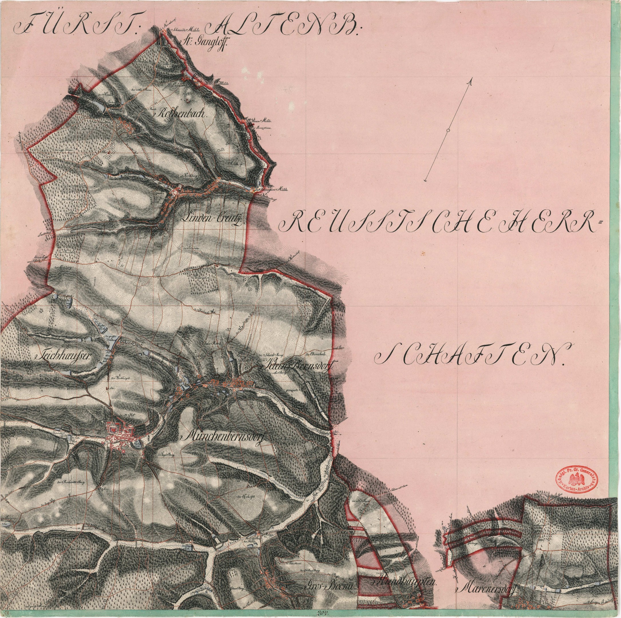 Ausführliche alte Karte von Schaffen, Deutschland, die Straßen, Gebäude und Sehenswürdigkeiten mit Textangaben zur Bevölkerung, Dichte und Lage zeigt.