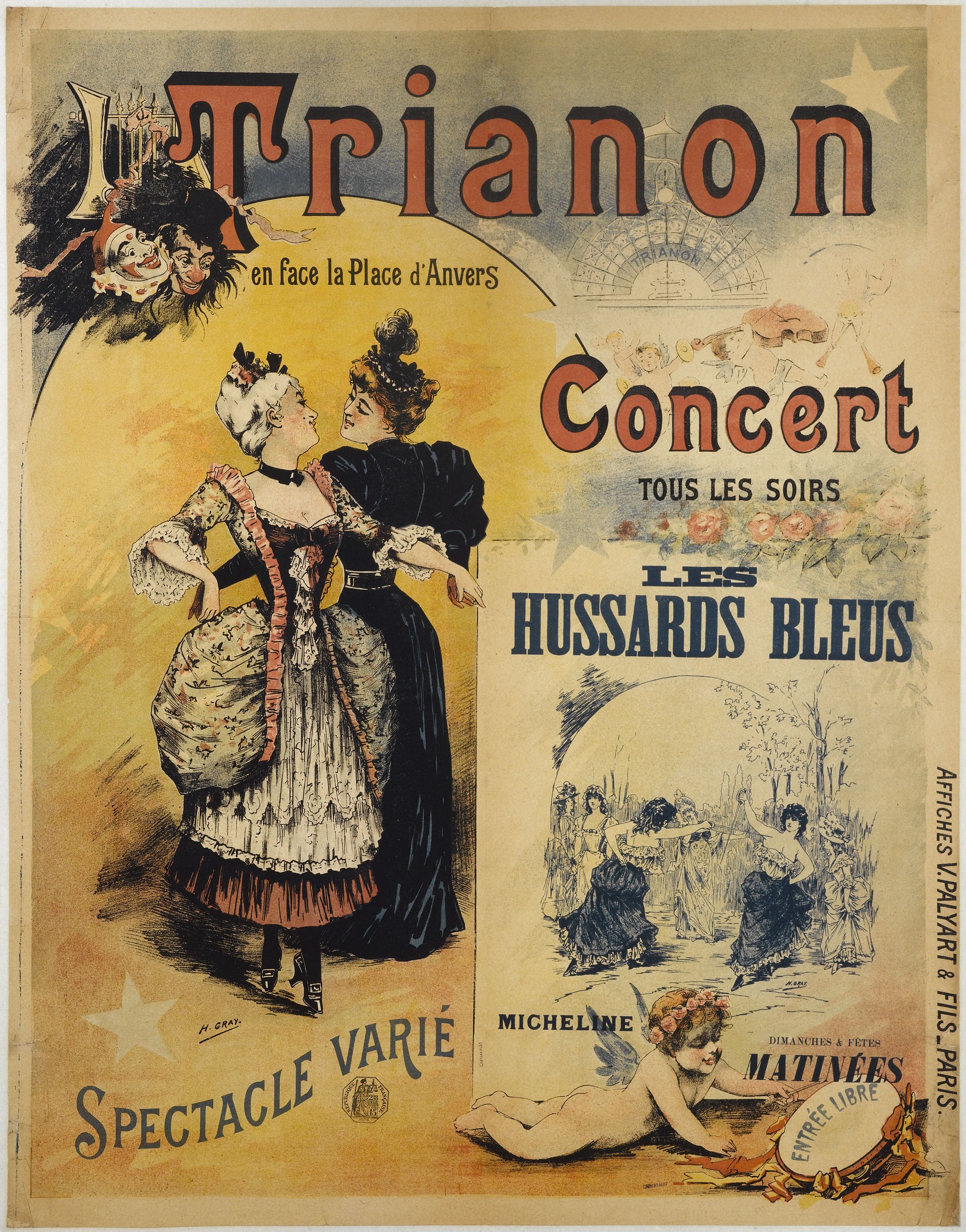 Konzertplakat mit einer Frau in einem langen, hochgeschlossenen, langärmeligen Kleid und einem Mann in einem Anzug, der hinter ihr steht und die Arme verschränkt, beide mit ernsten Gesichtern.