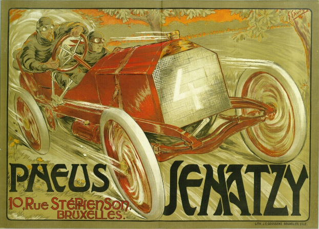 Ein Plakat mit einem Rennfahrer in einem Fahrzeug, umgeben von B├Ąumen und Werbetext über das Auto.