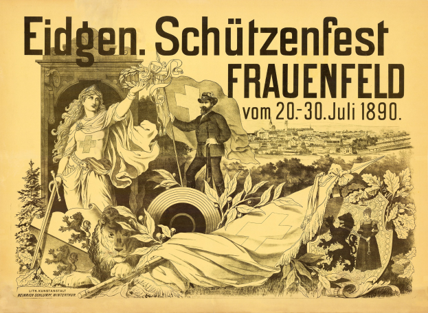 Plakat für das Eidgenössische Schützenfest in Frauenfeld, Deutschland, mit einem Mann im Anzug und einer Frau im Kleid nebeneinanderstehend mit Veranstaltungseinzelheiten.