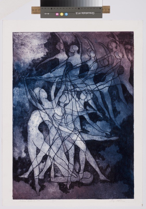 Ein Plakat mit einer lebendigen Zeichnung von tanzenden Menschen in einem Kreis, geschaffen von KÜNSTLER, hängt an einer Wand.