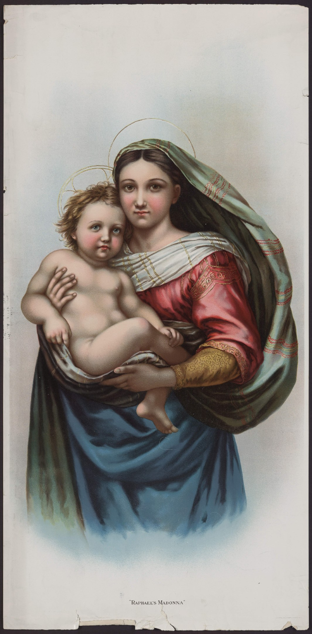 Eine Frau in einem roten und blauen Kleid wiegt ein Baby, ihre Augen sind geschlossen und ihre Lippen leicht geöffnet, mit einem Haarknoten.