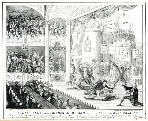 Eine Schwarz-Weiß-Zeichnung einer chaotischen Theater-Szene mit einer Menge von Menschen, einige stehen, einige liegen auf dem Boden und einige sitzen links. Rechts hält jemand ein Schild mit der Aufschrift "Die letzte Szene des Triumphs der Reform oder der Fall der Boro Mongers."