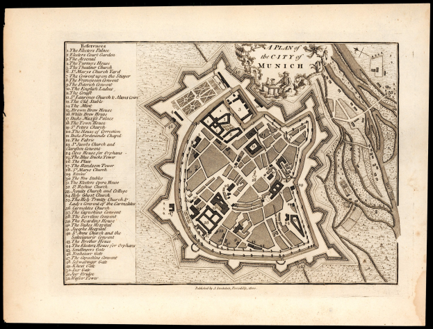 Detailierte alte Karte von München, Deutschland, mit Straßen, Gebäuden und Sehenswürdigkeiten auf schwarzem Hintergrund, einschließlich Text mit Straßennamen und Sehenswürdigkeiten.