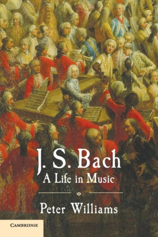 Ein Plakat f├╝r "Ein Leben in Musik" von J.S. Bach, das eine Gruppe von Menschen zeigt, die verschiedene Musikinstrumente spielen.