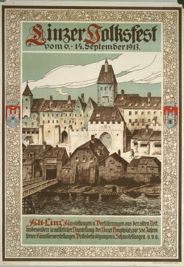 Ein altes Plakat, das ein Festival in Deutschland bewirbt und ein Schloss zeigt, das von Häusern umgeben ist.