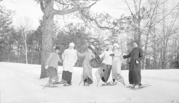 Sechs Frauen auf Snowboards im Schnee mit einem Hintergrund aus Bäumen.