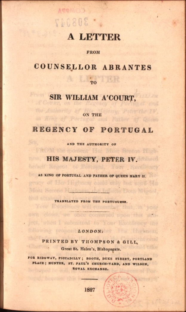 Offenes Buch mit einem Brief von Rat Abrantes an Sir William A'Court, die Regentschaft von Portugal, mit sichtbarem Text und einem Stempel.