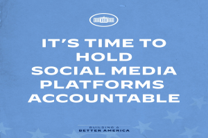 Ein Plakat mit fettem schwarzen Text auf einem weißen Hintergrund, der "Es ist Zeit, Social-Media-Plattformen zur Rechenschaft zu ziehen" lautet, eingerahmt von einem schmalen schwarzen Rand.