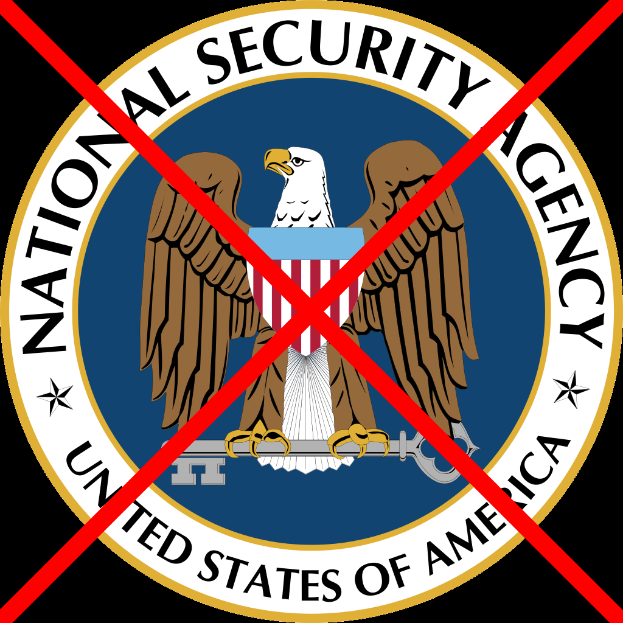 Das Logo der National Security Agency, das einen Schild mit einer Weißkopfseeadler in der Mitte zeigt, umgeben von einem roten Kreis mit den Worten "National Security Agency" in Weiß, ist mit einem roten "X" ├╝berkreuzt und hat einen dunklen Hintergrund.