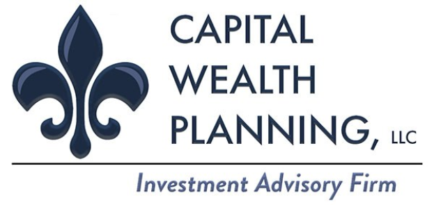 Logo der Capital Wealth Planning, LLC: Ein blauer Kreis mit weißer Umrandung und mittig ein weißes 'C', umgeben von einem weißen Ring mit blauem Text 'Capital Wealth Planning' und darunter weißer Text 'Investment Advisory Firm'.