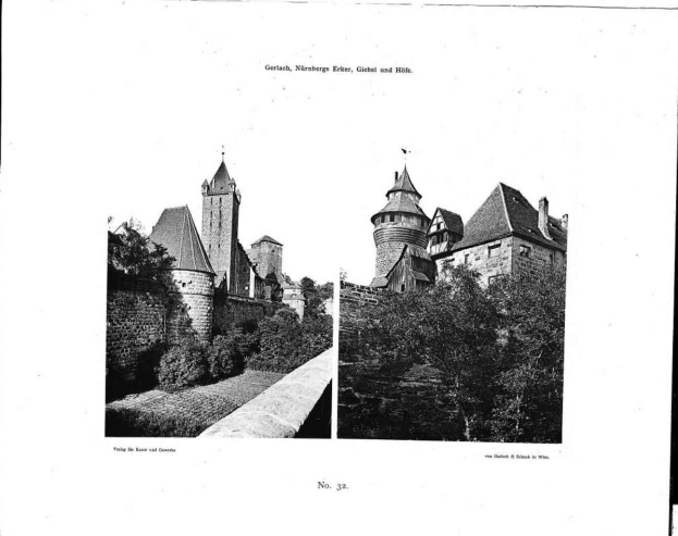 Schwarzes und weißes Foto einer Burg mit Türmen, umgeben von Bäumen und einer Mauer, mit Text oben und unten, der 'Gertlach, Nürnberg, Erker, Gebel und Höhe' lautet.