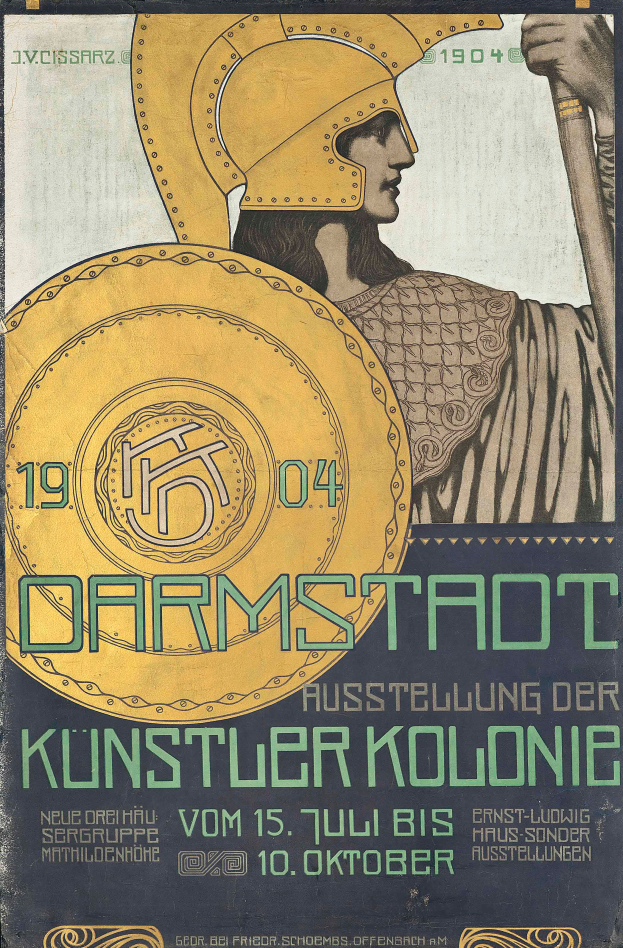 Plakatankündigung für ein Konzert in Berlin, Deutschland, 1904, mit einer Person in einem Helm, die ein Schild hält, mit 'Darmstadt' und 'Künstlerkolonie' in fetter Schrift.