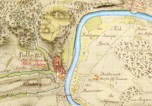 Ein detaillierter alter Stadtplan von Polle, Deutschland, mit Straßen, Gebäuden und einem Fluss, der durch die Stadt verläuft.