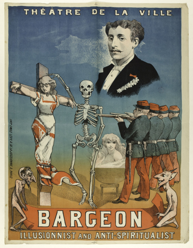 Plakat für das Théâtre de la Ville in Paris mit einer Gruppe verzweifelter Menschen, einem zentralen Skelett mit ausgestreckten Armen und einer fetten Schrift, die "Bargeon Illusionist und Anti-Spiritualist" lautet.
