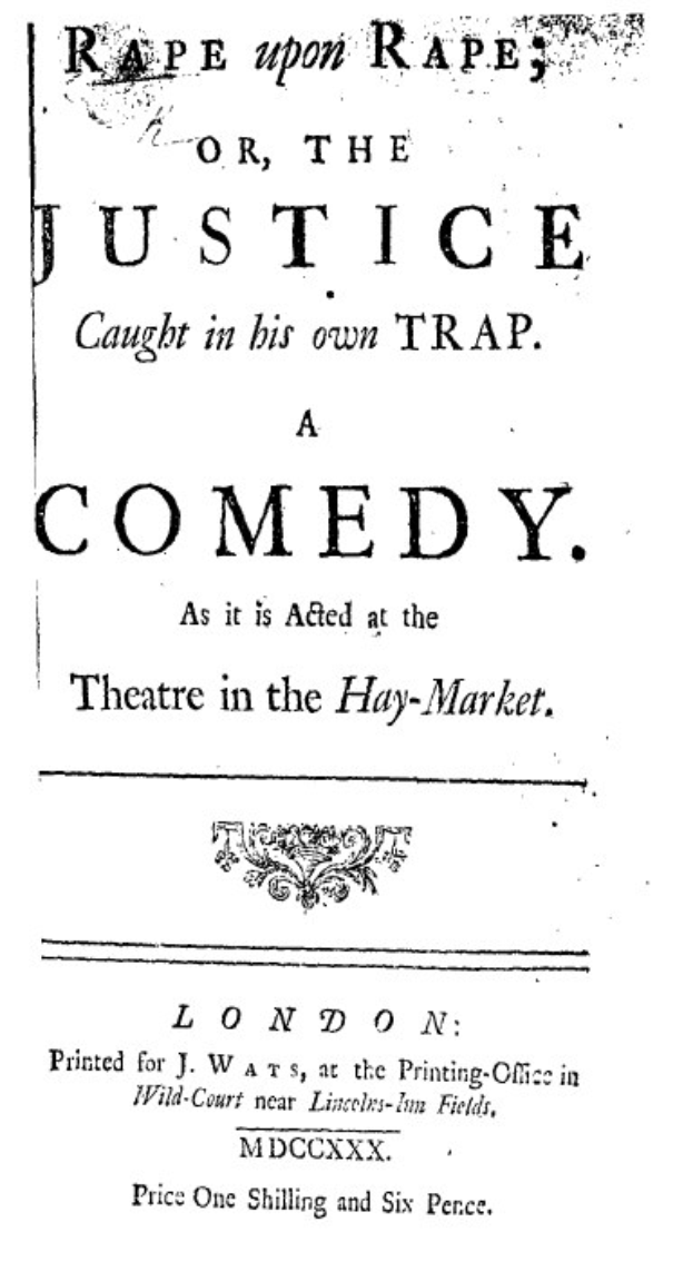 Schwarzes und weißes Plakat mit der Aufschrift "Vergewaltigung auf Vergewaltigung oder die Gerechtigkeit in ihrer eigenen Falle" in fetter schwarzer Schrift