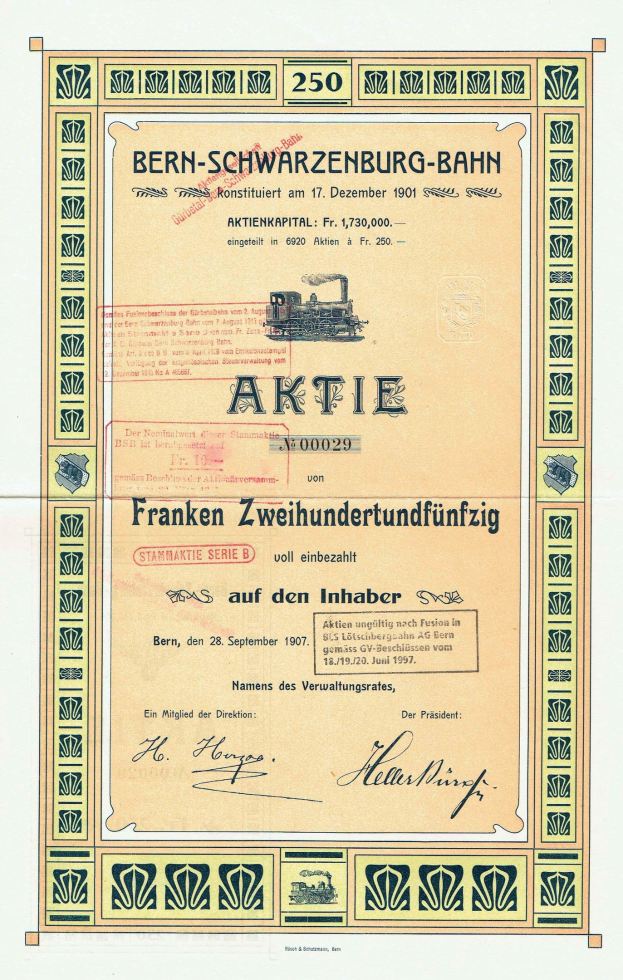 Altes deutsches Regierungsaktienzertifikat für Bern-Schwarzenburg-Bahn mit Bahnabbildung und gedrucktem Text.