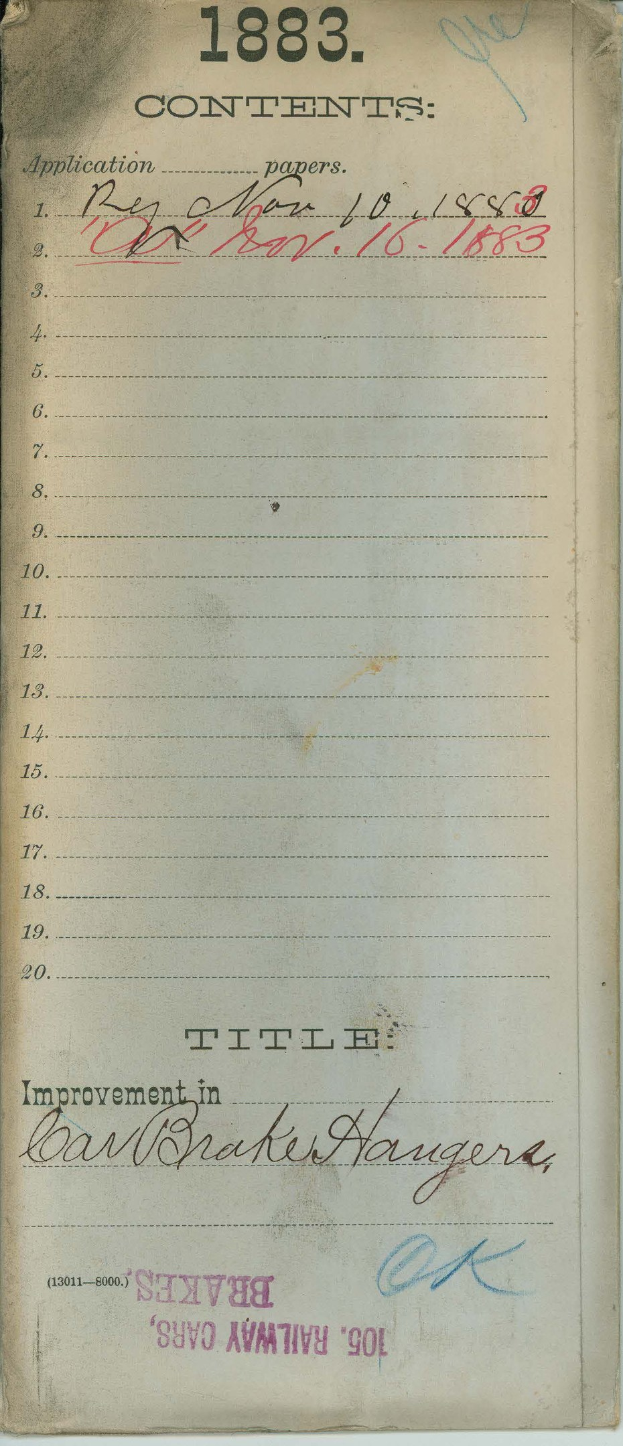 Offenes Buch mit einer Liste betitelt "Verbesserung der Bremsen bei Eisenbahnwagen" aus dem Jahr 1883, das handgeschriebene Text auf der sichtbaren Seite zeigt.