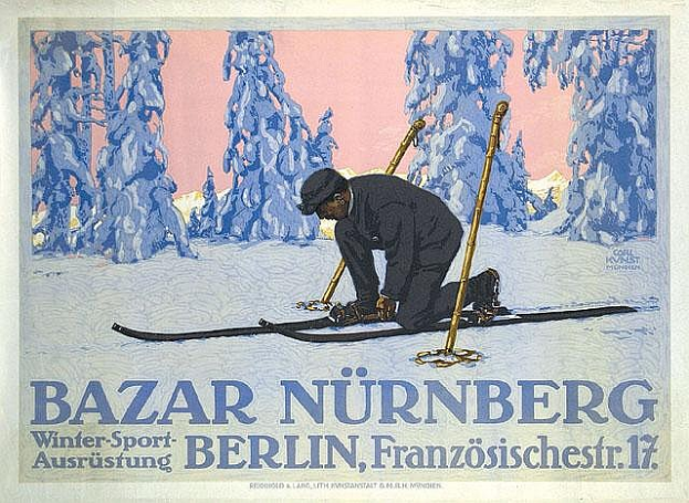 Eine Person auf Skiern mit Ski-Stöcken im Hintergrund, Werbung für die Bazar Nürnberg Winter Sport-Veranstaltung in Berlin, Deutschland mit beschreibendem Text.