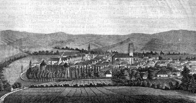 Schwarz-weiß-Zeichnung einer kleinen Stadt in einem Tal, umgeben von Bäumen und H√∞geln, mit der Aufschrift "Bayern, Deutschland, 1857" oben.