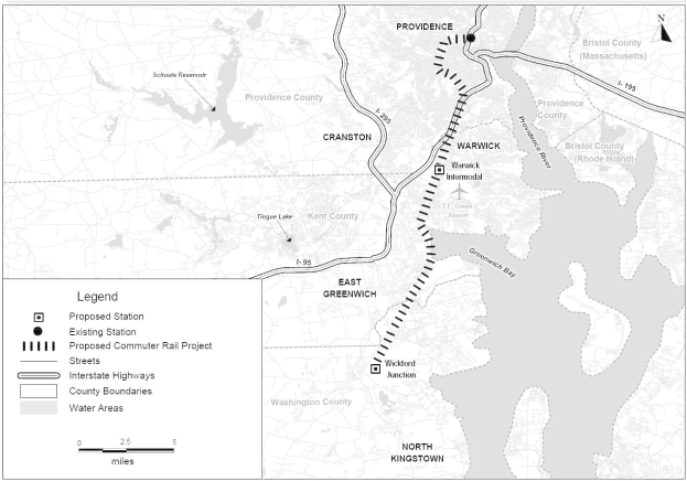 Schwarze und weiße Stadtkarte mit einem Fluss, beschriftet mit 'Vorgeschlagener S-Bahn-Projekt' auf der linken Seite, zeigt Straßen, Autobahnen und Stadtmerkmale.