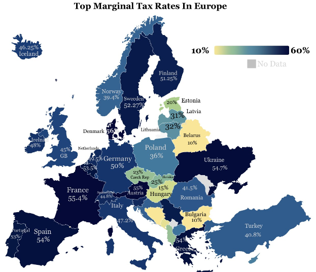 Eine Europa-Karte mit Farben, die die Spitzensätze der Einkommensteuer in jedem Land anzeigen, mit der Überschrift "Spitzensätze der Einkommensteuer in Europa".