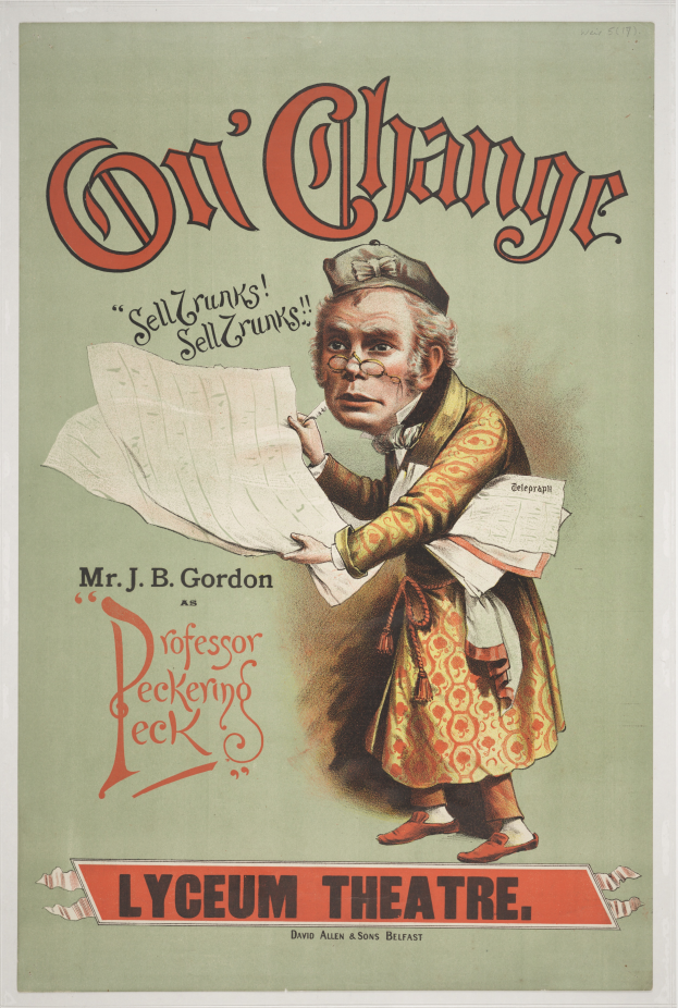 Ein Plakat für die Lyceum-Theater-Produktion 'On Change', das eine Person mit Papieren in den Händen zeigt, mit Text, der das Stück beschreibt.