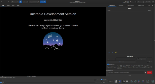Screenshot eines Computerbildschirms mit der fettgedruckten Textzeile "instabile Entwicklungsversion" in weißer Schrift auf schwarzem Hintergrund, wobei "unaufhaltsame Entwicklung" in hellblau hervorgehoben ist, zusammen mit Symbolen für eine Suchleiste, ein Dropdown-Menü und eine Fortschrittsleiste.