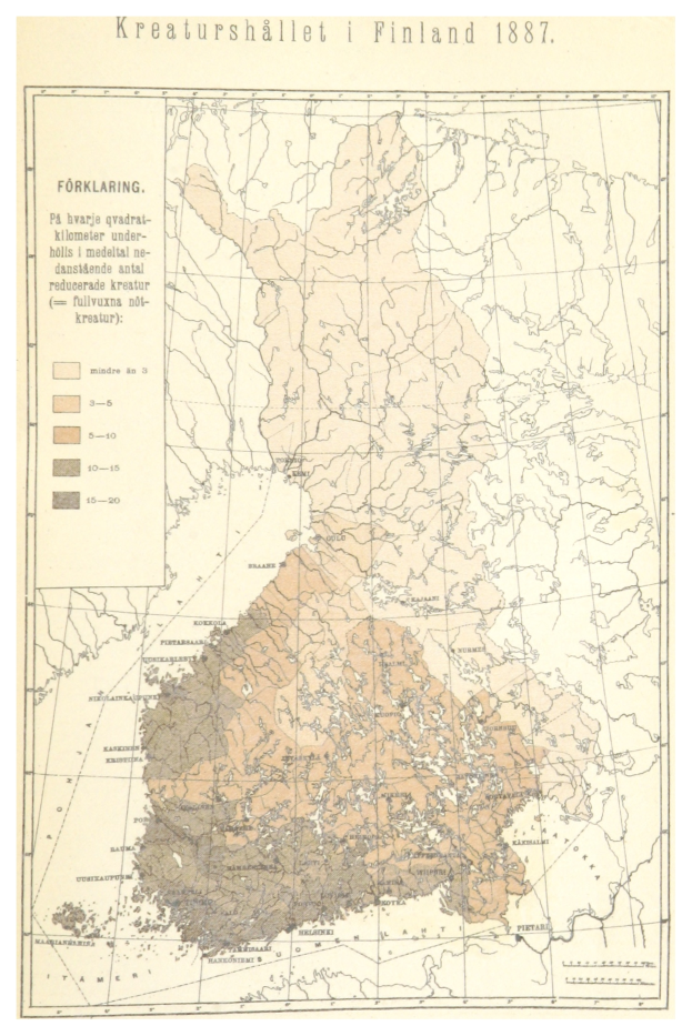 Ein Plakat mit einer detaillierten Karte Finnlands aus dem Jahr 1887, mit verschiedenen Blautönen, Grün- und Gelbtönen, die verschiedene Regionen anzeigen, und Text, der Namen von Städten, Ortschaften und geografischen Merkmalen bereitstellt.