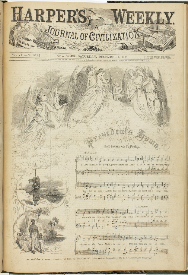 Offenes Buch mit dem Titel "Harper's Weekly Journal of Civilization", das eine Gruppenillustration verschiedener Menschen enthält, begleitet von verschiedenen Texten und Bildern.