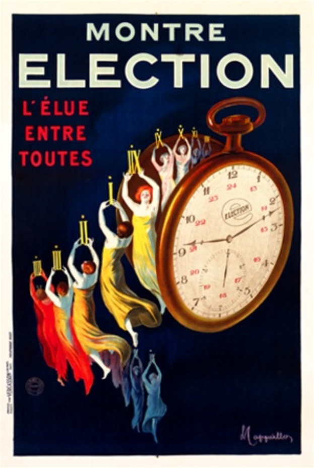 Ein altes französisches Wahlplakat mit gedämpften Blautönen, Grautönen und Weiß, das Menschen in traditioneller Kleidung zeigt, die Gegenstände halten, eine tickende Uhr und den Text "Montre Election" in fetter schwarzer Schrift.