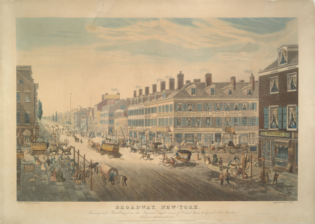 Gemälde einer 19. Jahrhundert New York City Straßen Szene mit Gebäuden, Pferdekarren, Fußgängern, Laternenpfählen, Bäumen und Himmel, mit Text unten.