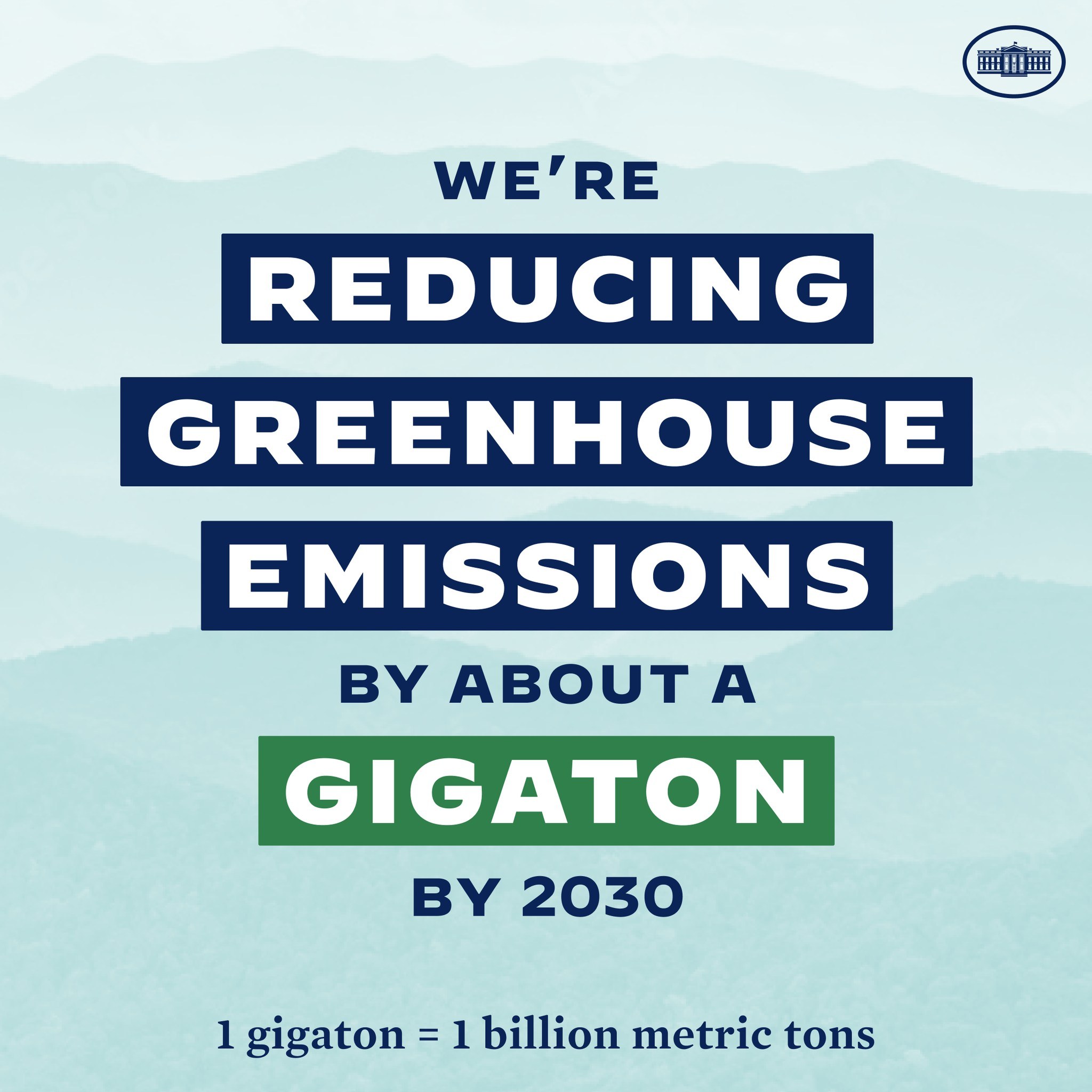 Plakat mit Text und Logo, auf dem "Wir reduzieren die Treibhausgasemissionen um etwa eine Gigatonne bis 2030" steht und für eine signifikante Reduzierung der Treibhausgase bis 2030 wirbt.