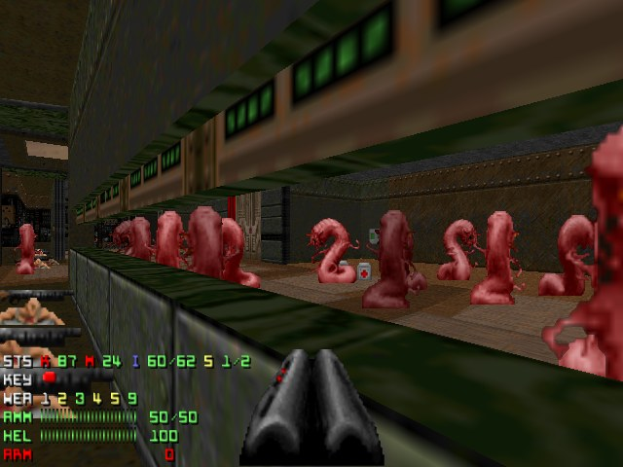 Animierter Screenshot aus dem Videospiel Doom II, der mehrere Zombies in einem Raum zeigt, eine Waffe unten und Statusinformationen einschließlich Gesundheit und Munition auf der linken Seite.