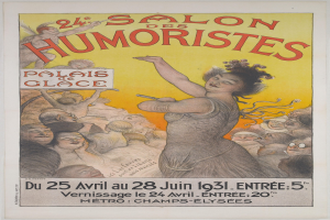 Plakat für den Salon des Humoristes in Paris, Frankreich, das eine Frau inmitten einer Menge mit Textbeschriftung zeigt