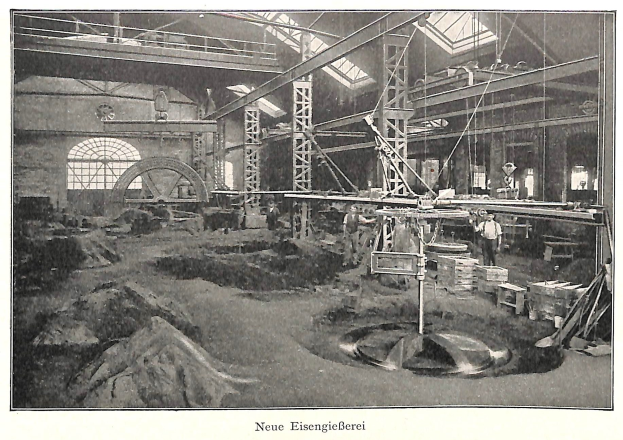 Schwarzes und weißes Foto einer Fabrikhalle mit Arbeitern, die Maschinen bedienen, Metallstangen und -stäbe, beschriftet mit "Neue Eisenglebeerei, die erste Fabrik in Deutschland."