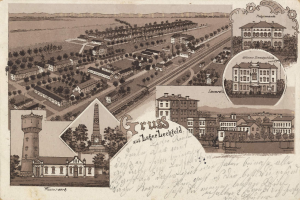 Schwarz-weiß-Illustration einer Stadtansicht mit Gebäuden, Bäumen, Straßen und einem Turm.